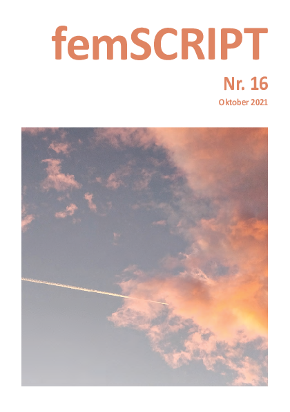 femSCRIPT Nr. 16, Cover: Rotgoldene Wolken am Himmel, eine schnurgerade Kondensationsspur eines Flugzeugs